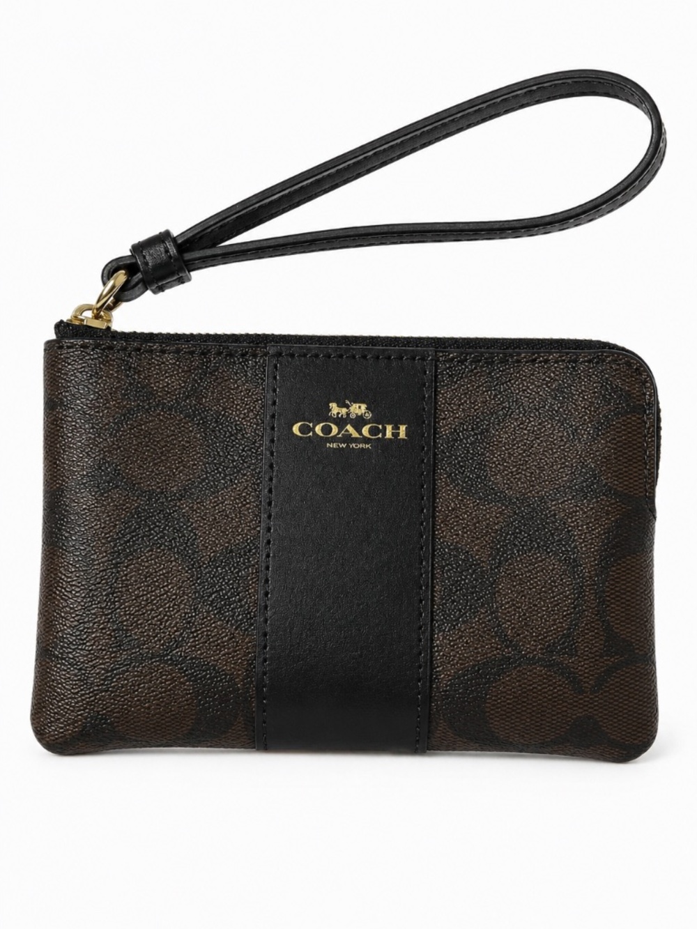 Coach Signature Canvas Corner Zip Wristlet Dark Brown Monogram Leather Stripe